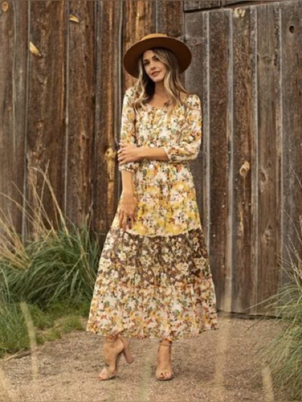 fig and flower Yellow and Brown Floral Tiered Maxi Dress